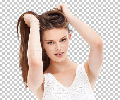 Buy stock photo Portrait, beauty and woman with hair care, smile and lady isolated on a transparent background. Face, female model and person with confidence, hairstyle and treatment with png, grooming and self care