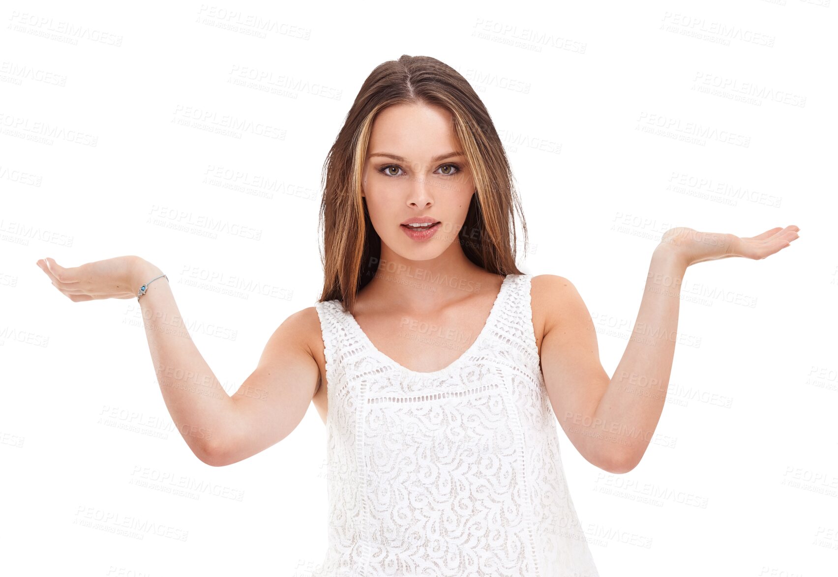 Buy stock photo Woman, open hands and choice in portrait with space for mockup by transparent png background. Isolated girl, model and thinking with palm mock up for promotion, product or decision with confused face