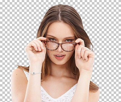 Buy stock photo Woman, flirting eyes and glasses in portrait for vision, beauty or designer frame by transparent png background. Isolated girl, model or young student for prescription lens, eye health and reading