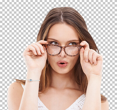 Buy stock photo Thinking, glasses and fashion with a woman isolated on a transparent background for prescription lenses. Idea, eyewear and vision with a female customer at an optometrist for a new frame on PNG