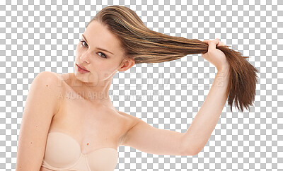 Buy stock photo Woman, hair and beauty portrait of a model with natural, strong and long hairstyle. Ponytail, self care and female person in bra for salon shampoo treatment isolated on a transparent, png background