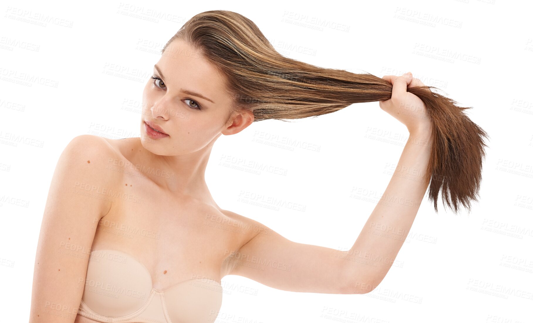 Buy stock photo Woman, hair and beauty portrait of a model with natural, strong and long hairstyle. Ponytail, self care and female person in bra for salon shampoo treatment isolated on a transparent, png background