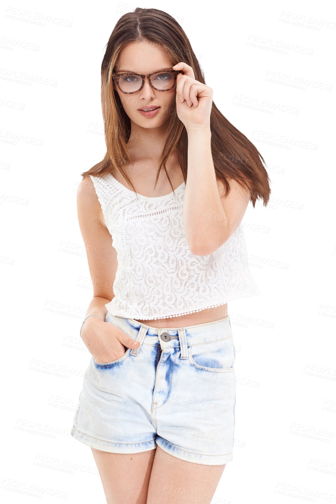 Buy stock photo Portrait, glasses and fashion with a woman isolated on a transparent background for prescription lenses. Style, eyewear and vision with a female customer at an optometrist for a new frame on PNG