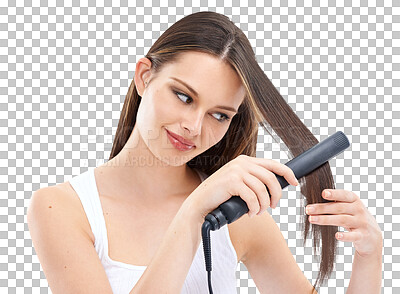 Buy stock photo Woman, hair and flat iron with beauty and cosmetic care isolated on transparent, png background. Female model with salon equipment, electric straightener and styling with haircare, keratin and shine