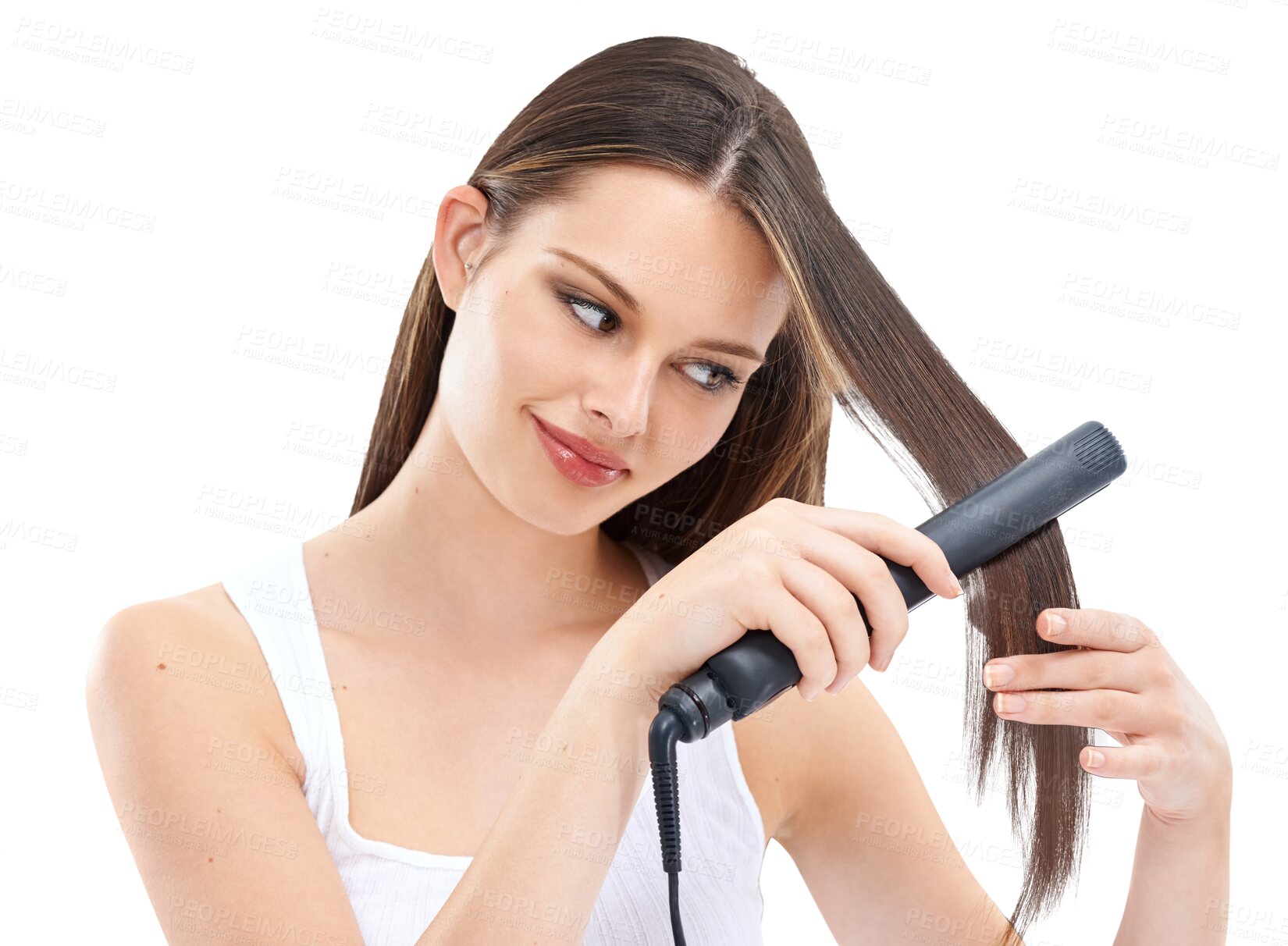 Buy stock photo Woman, hair and flat iron with beauty and cosmetic care isolated on transparent, png background. Female model with salon equipment, electric straightener and styling with haircare, keratin and shine