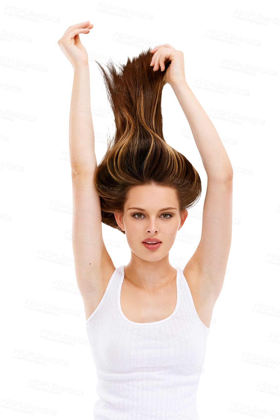 Buy stock photo Woman, portrait and hair care or beauty of a model with natural and straight hairstyle. Wellness, cosmetics and person with hands raised and salon treatment isolated on a transparent, png background