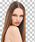 Brunette beauty model, portrait or skincare with makeup cosmetics, keratin treatment or isolated self care. Woman, face and brown color in hair care growth, collagen glow or  mock up isolated on a png background