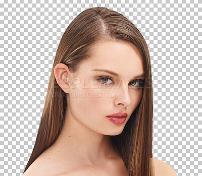 Buy stock photo Portrait, woman and hair routine on isolated, transparent and png background. Face, beauty and gen z girl model relax with hair care results, shine and glow, cosmetics or keratin, smooth or treatment