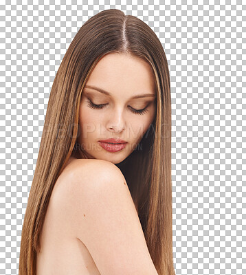 Buy stock photo Hair, growth and beauty for woman with brazilian or treatment on isolated, transparent and png background. Haircare, keratin and girl model relax with smooth, shine and cosmetic glow routine results