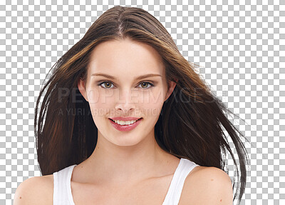 Buy stock photo Hair care, face smile and beauty of woman isolated on a transparent png background. Portrait, hairstyle and natural cosmetics of female model with salon treatment for balayage, growth and texture.