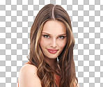 A Portrait, woman and hair for wellness, hygiene and styling. Haircare, face and girl model relax, confident and happy with luxury, smooth and keratin results isolated on a png background