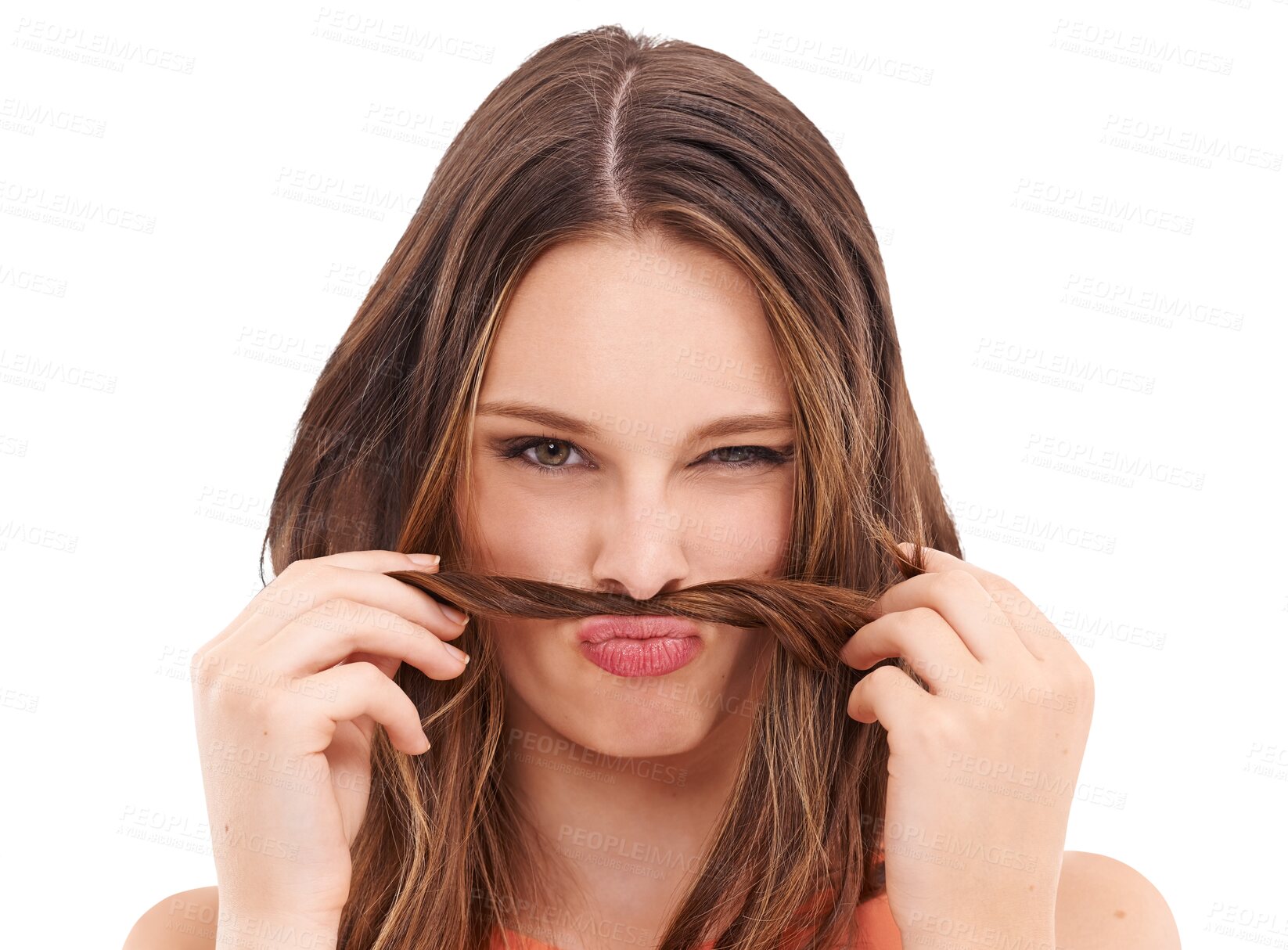 Buy stock photo Hair care, portrait and woman with fake mustache isolated on a transparent png background. Face, hairstyle and female model with moustache for comedy, funny and silly salon treatment for growth.