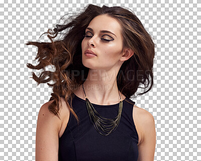 Buy stock photo Hair care, beauty makeup and woman with confidence, luxury and facial cosmetics. Salon wavy hairstyle, hairdresser aesthetic and model with healthy treatment isolated on a transparent png background