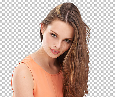 Buy stock photo Hair, woman and portrait with confidence on isolated, transparent and png background. Face, beauty and gen z girl model relax with haircare results, shine and glow, cosmetics and keratin treatment