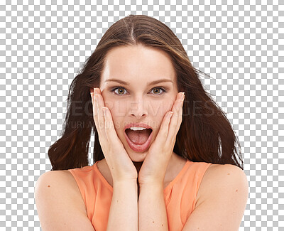 Buy stock photo Portrait, surprised and PNG with a shocked woman isolated on a transparent background hearing news or gossip. Face, wow or reaction to an announcement with an attractive young person looking amazed 