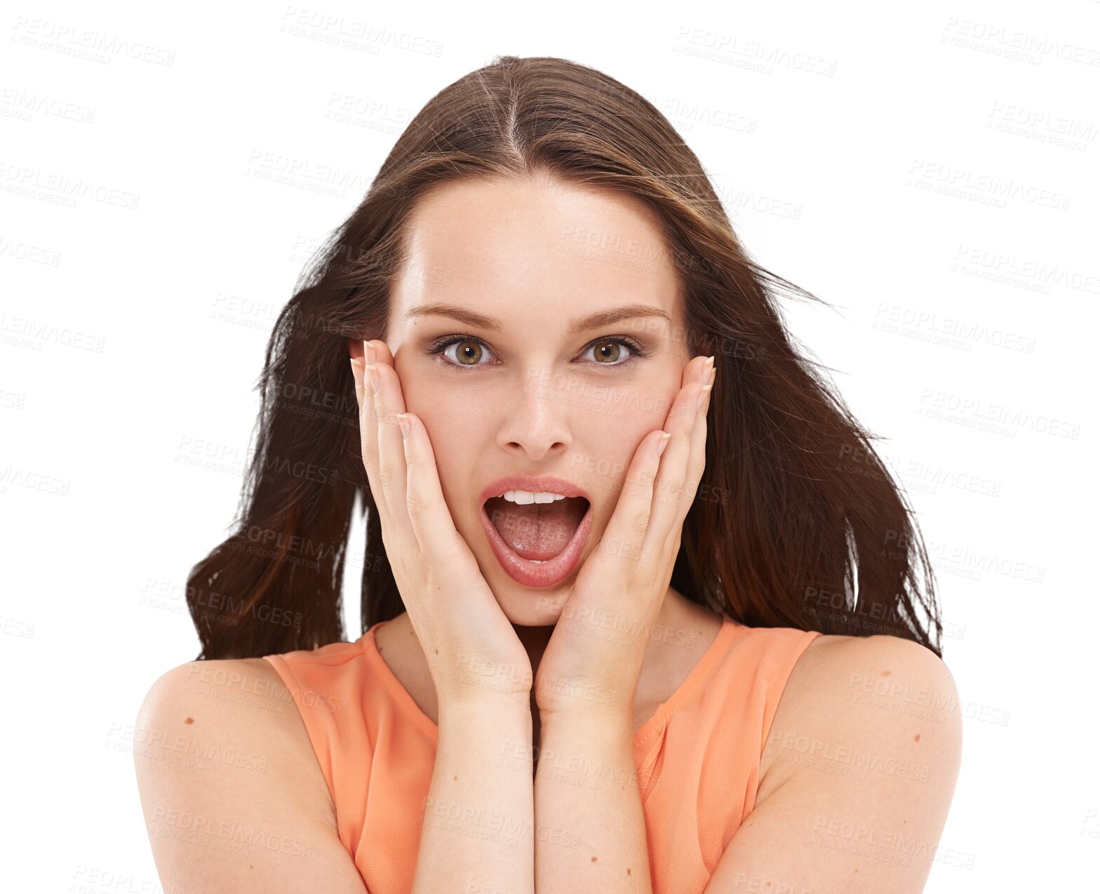 Buy stock photo Portrait, surprised and PNG with a shocked woman isolated on a transparent background hearing news or gossip. Face, wow or reaction to an announcement with an attractive young person looking amazed 