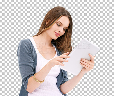 Buy stock photo Isolated woman, reading and smile with tablet for search, news article or web by transparent png background. Girl, student and mobile touchscreen for research, social network app or study on internet