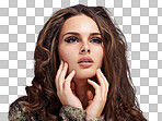 A Fashion, beauty and face of woman  for trendy, glamour and designer clothes. Salon, luxury aesthetic and attractive girl fashion model with cosmetics, makeup and style isolated on a png background