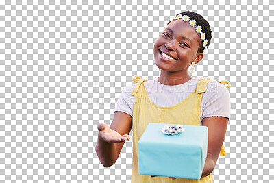 Buy stock photo Portrait, gift and box with a woman isolated on a transparent background for a birthday celebration. PNG, party and present with an attractive young african person giving a package at an event