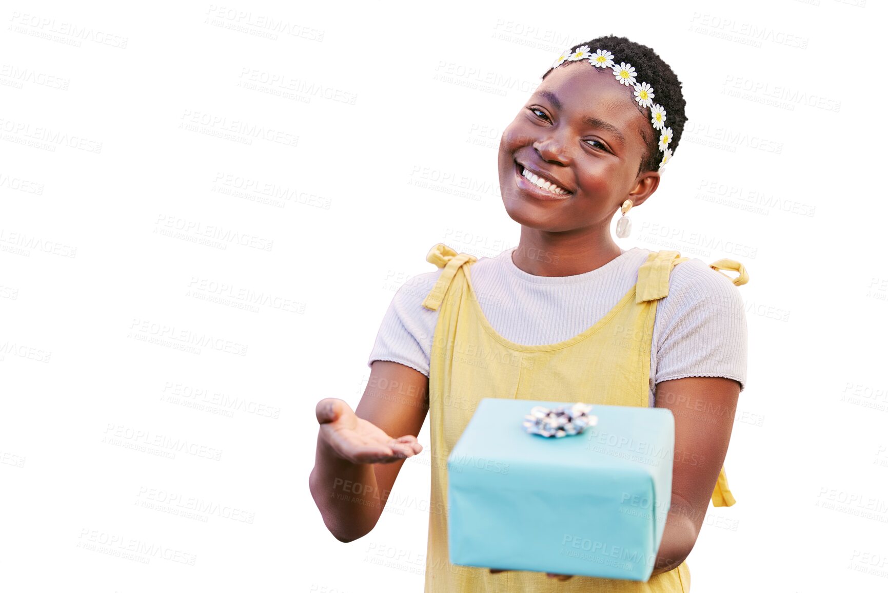 Buy stock photo Portrait, gift and box with a woman isolated on a transparent background for a birthday celebration. PNG, party and present with an attractive young african person giving a package at an event