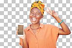 Mockup, phone or happy black woman with peace hand gesture against orange wall with cool retro African fashion. Smile, face or excited girl portrait with screen for product placement or marketing isolated on a png background