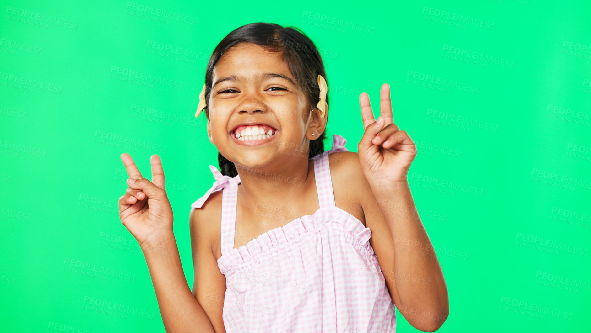 Buy stock photo Child, peace and green screen as portrait for happiness or kindness, smile and excited youth. Playful kid model, hand sign and fashion for playful carefree personality in studio, relax or confidence