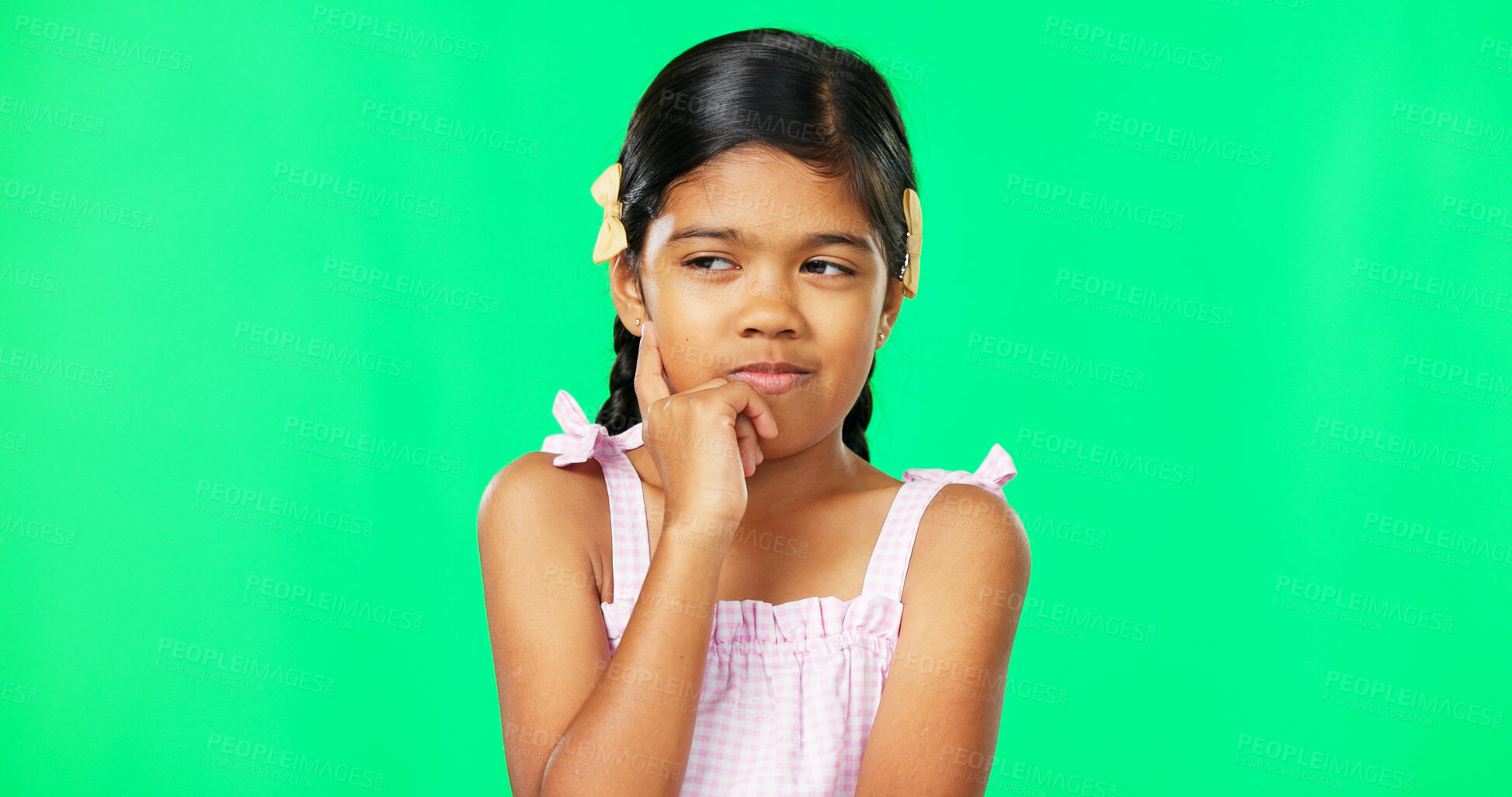 Buy stock photo Thinking, idea and girl child in green screen studio with choice, ask or planning on mockup background. Why, questions and kid model with curious emoji for brainstorming, decision or problem solving