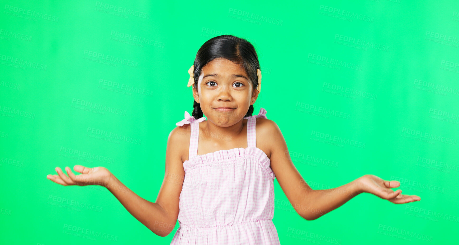 Buy stock photo Portrait, girl or shrug on green studio background, doubt or option for choice, open palm and confusion. Question, confused or mockup for decision, asking or why while unsure, don't know or uncertain