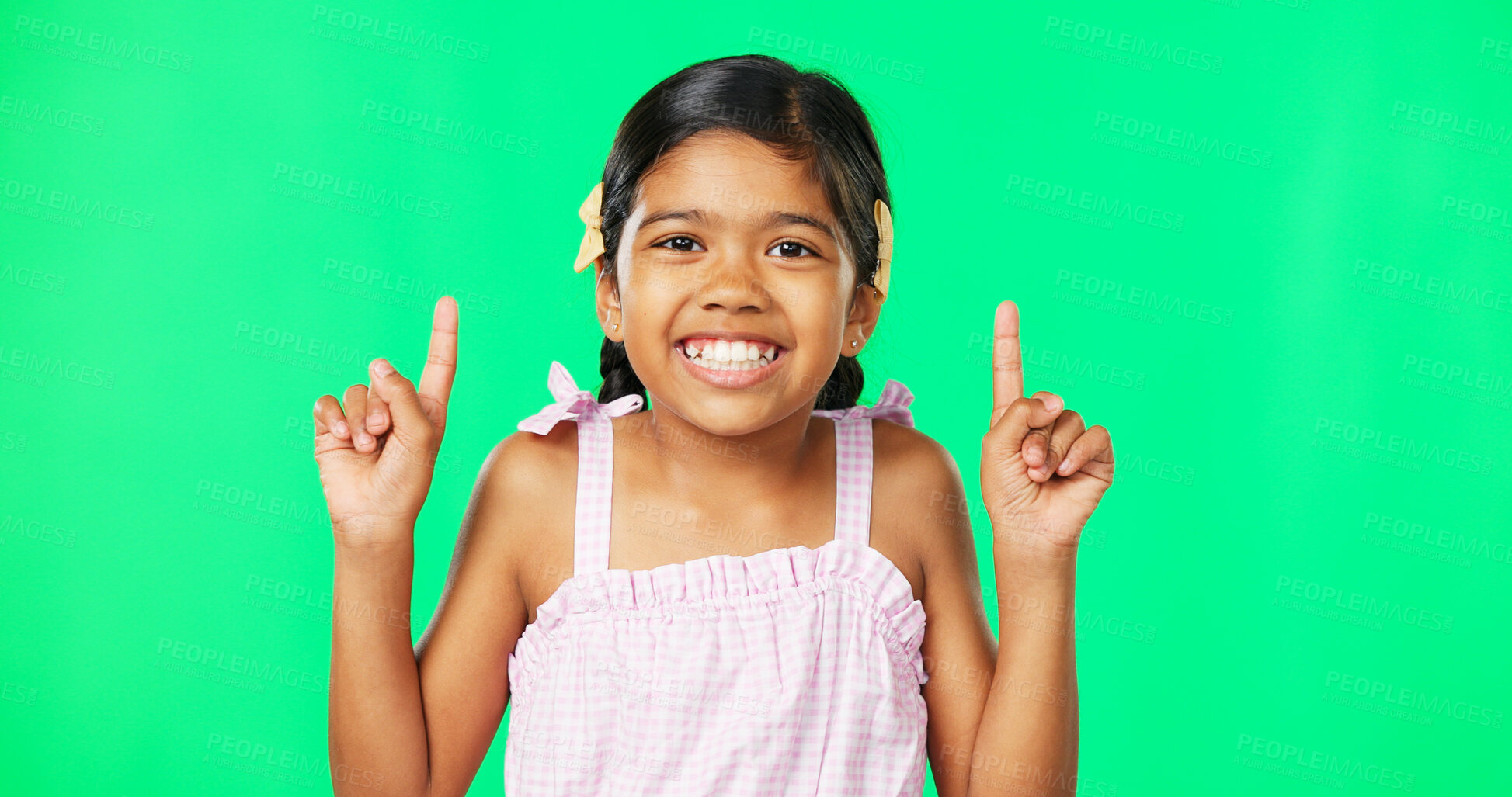 Buy stock photo Green screen, portrait and pointing girl child with smile for direction or advertising with happiness and space. Face, African American female kid or young person with gesture for marketing or choice