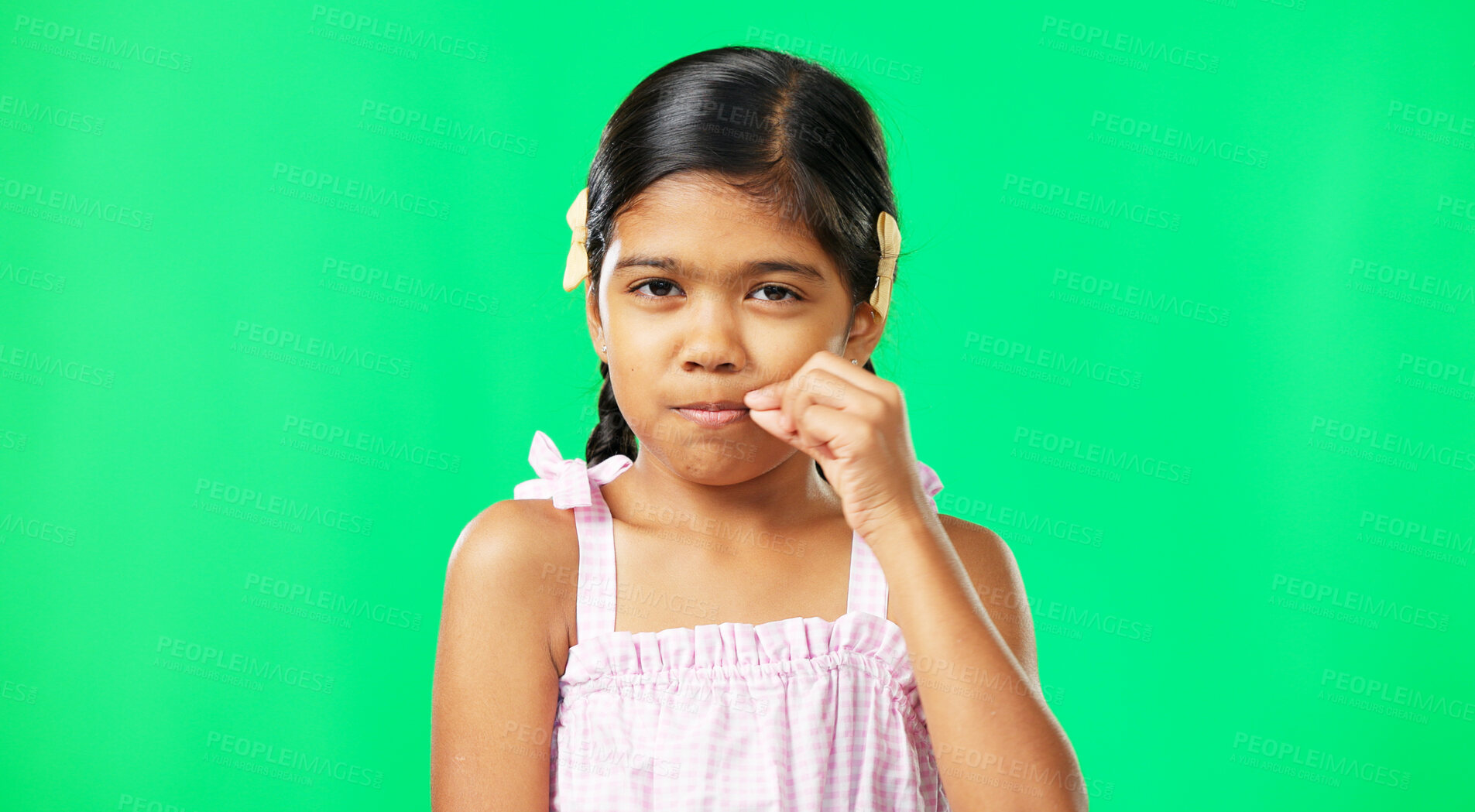 Buy stock photo Green screen, secret and child or girl with gossip isolated in a studio background quiet or silent for privacy. Portrait, sign and kid zip her lip or mouth as mystery gesture or private expression