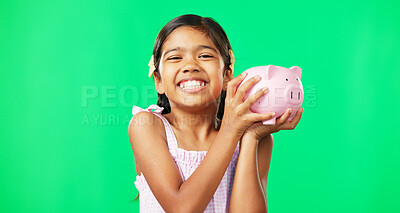Face, green screen and girl child with piggy bank in studio, happy and excited for savings on mockup background. Portrait, money and box by Mexican kid smiling for cash, growth or future planning