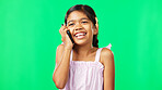 Communication, green screen and girl with smile, phone call and connection against studio background. Female child, young person and happy kid with smartphone for conversation, signal and discussion