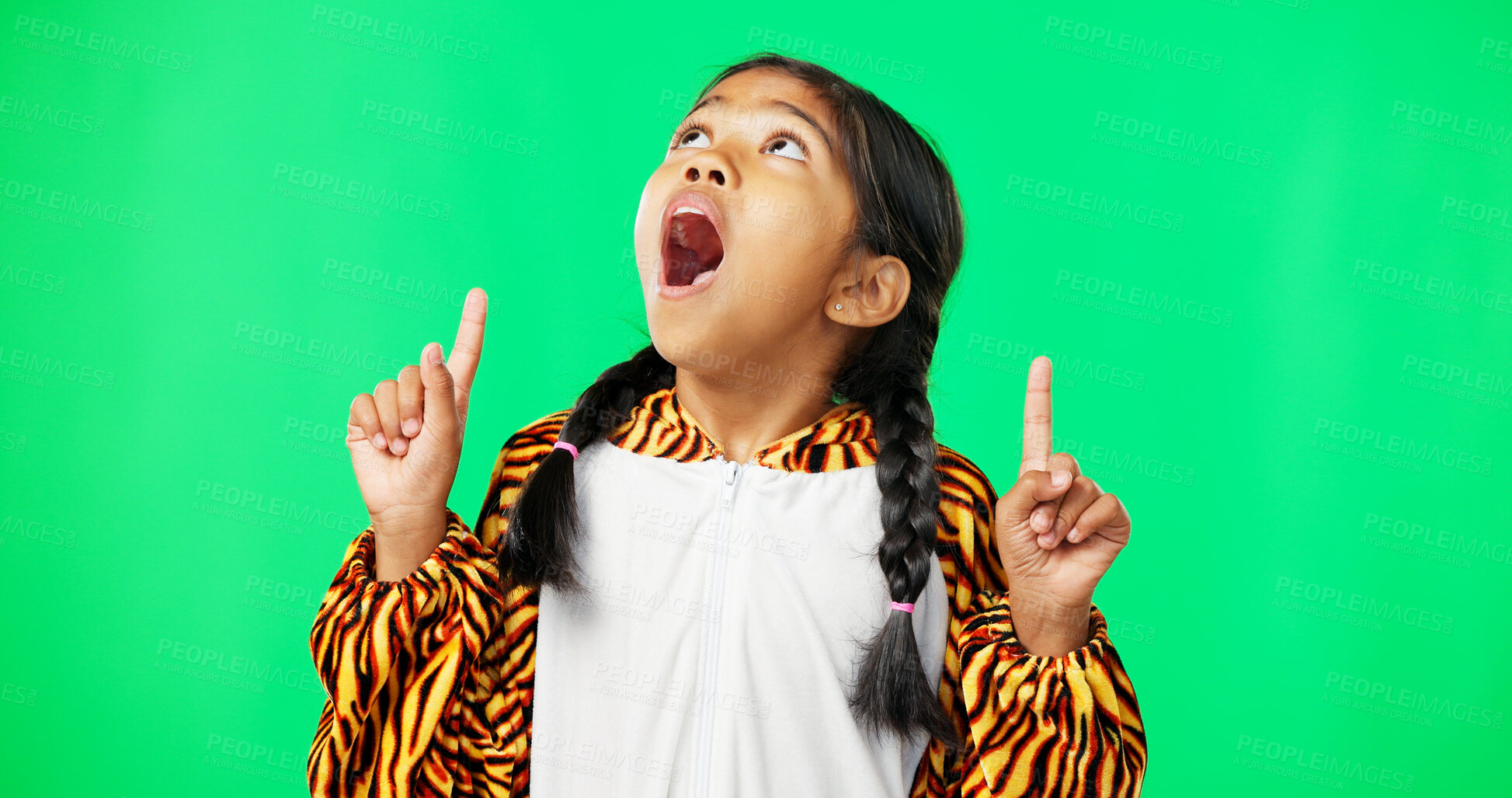 Buy stock photo Green screen, pointing and girl child with wow for direction or advertising with joy, happiness and space. Face, African American female kid or young person with gesture for marketing or choice