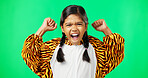 Face, excited and girl cheering, green screen and happiness with joy against a studio background. Portrait, female child and young person with gesture for victory, winning and motivation with joy