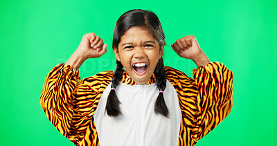 Buy stock photo Girl child is excited, face and cheers on green screen with celebration, winning and success on studio background. Happiness, energy and winner in portrait, yell with joy and positive announcement 