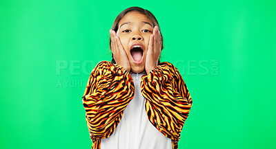 Girl child, shock face and green screen studio with tiger pyjamas, costume and wow with hands on face. Female kid, surprise facial expression and mock up portrait for news with space by background