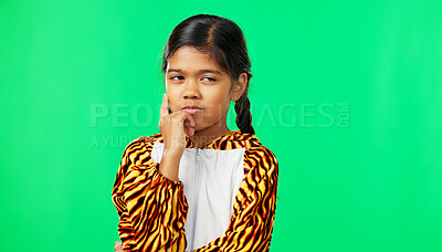 Child, girl and thinking of idea on green screen background with mockup space for plan or choice. Indian kid portrait in studio with hand on chin to think, planning or brainstoming decision