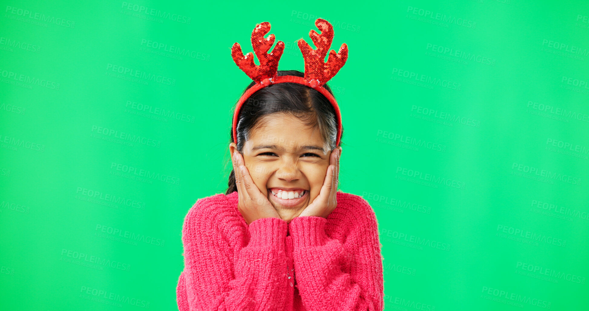 Buy stock photo Portrait, Christmas horns and girl excited, green screen and happiness on studio background. Face, young person and female child with smile, festive and surprise with joy and cheerful on backdrop