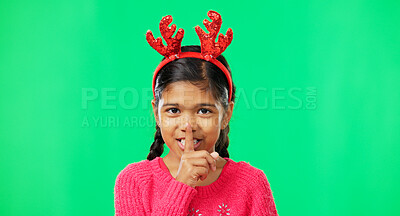 Buy stock photo Portrait, Christmas and secret with girl in green screen studio for holiday, gossip and gift. Surprise, festive and announcement with child isolated in background for celebration, privacy and present
