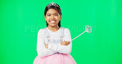 Girl child, princess and face in green screen studio with smile, happiness and playing game for fantasy. Happy young female, royal aesthetic and fairytale portrait for costume party, games or fantasy