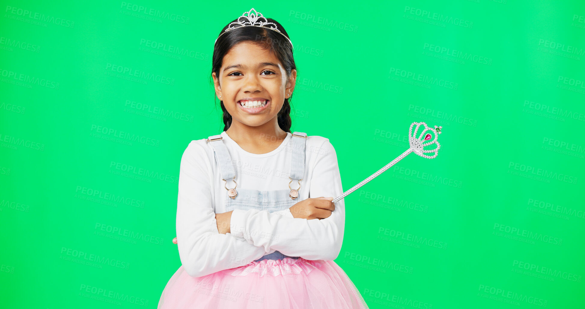 Buy stock photo Girl kid, smile and green screen for princess, fairy or magic costume with arms crossed by background. Child, tiara and happy in portrait for fantasy, games or party in clothes, studio or celebration