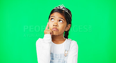 Buy stock photo Thinking, princess tiara and a girl on a green screen background for fantasy problem solving. Idea, question or mock up with a young child in a crown for royalty looking away for inspiration