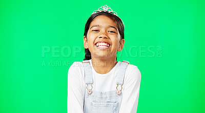 Happy, laugh and face of child in green screen studio for funny, youth and cute. Happiness, positive and smile with portrait of young girl isolated on background for proud, expression and innocent