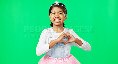 Buy stock photo Heart, hands and portrait of child on green screen with care in studio background with gesture for support. Love, sign and symbol with girl or kid in princess, costume or fashion with tutu in mockup