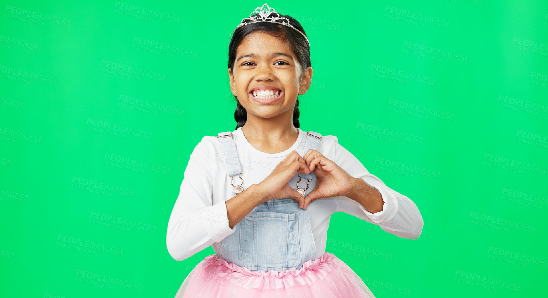 Buy stock photo Heart, hands and portrait of child on green screen with care in studio background with gesture for support. Love, sign and symbol with girl or kid in princess, costume or fashion with tutu in mockup