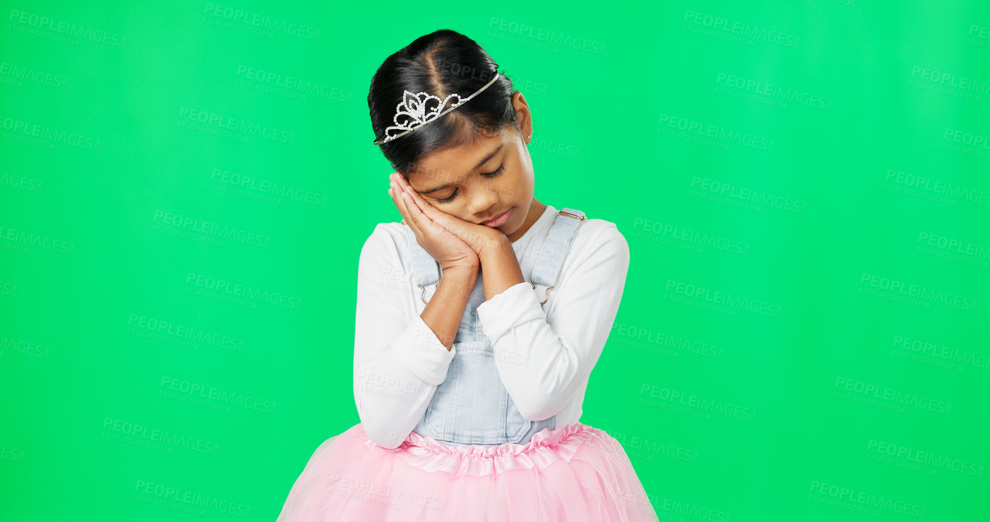 Buy stock photo Green screen, sleeping and tired princess child isolated in a studio background for fatigue, exhausted and relax. Bedtime, insomnia and lazy kid or girl with tutu after nighttime sleep, rest and nap