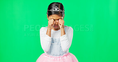 Buy stock photo Sad, depression and child crying on green screen with crown, princess costume and tutu in studio. Stress mockup, tears and isolated young girl with worried, upset and disappointed facial expression