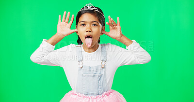 Buy stock photo Funny, girl and face of child on green screen isolated in studio background with princess, costume or fashion. Portrait, tiara and happiness of kid with crown, tutu and silly emoji with tongue out