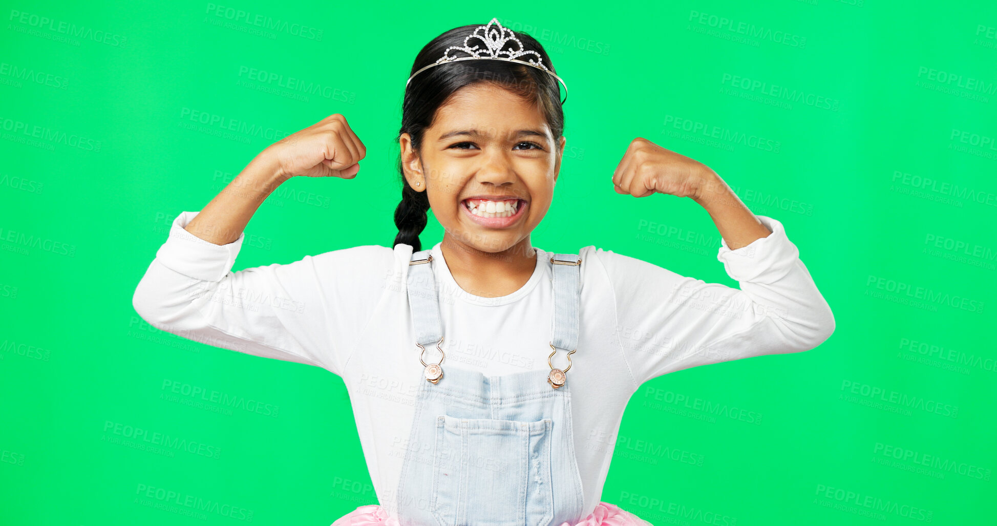 Buy stock photo Strong, child and happy portrait on green screen with confidence in princess, costume or fashion in studio. Girl, power and kid flexing muscles or arms for fanatasy or smile on face with pride