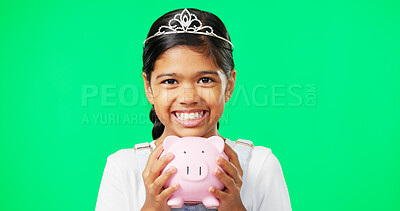 Buy stock photo Girl child, green screen and piggy bank with smile, portrait and savings with crown for princess costume. Kid, tiara and container for investing, goals or mockup for financial learning by background